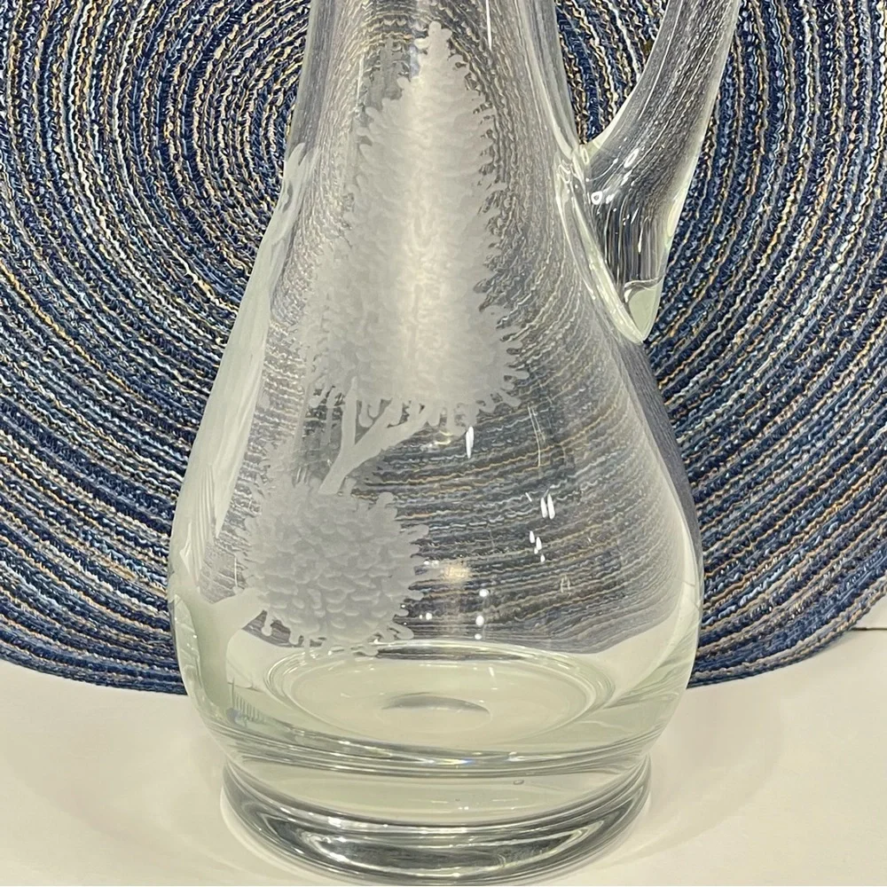 Etched Clear Glass Long Neck Bar Carafe 11” Owl Tree Branch Elegant Barware
